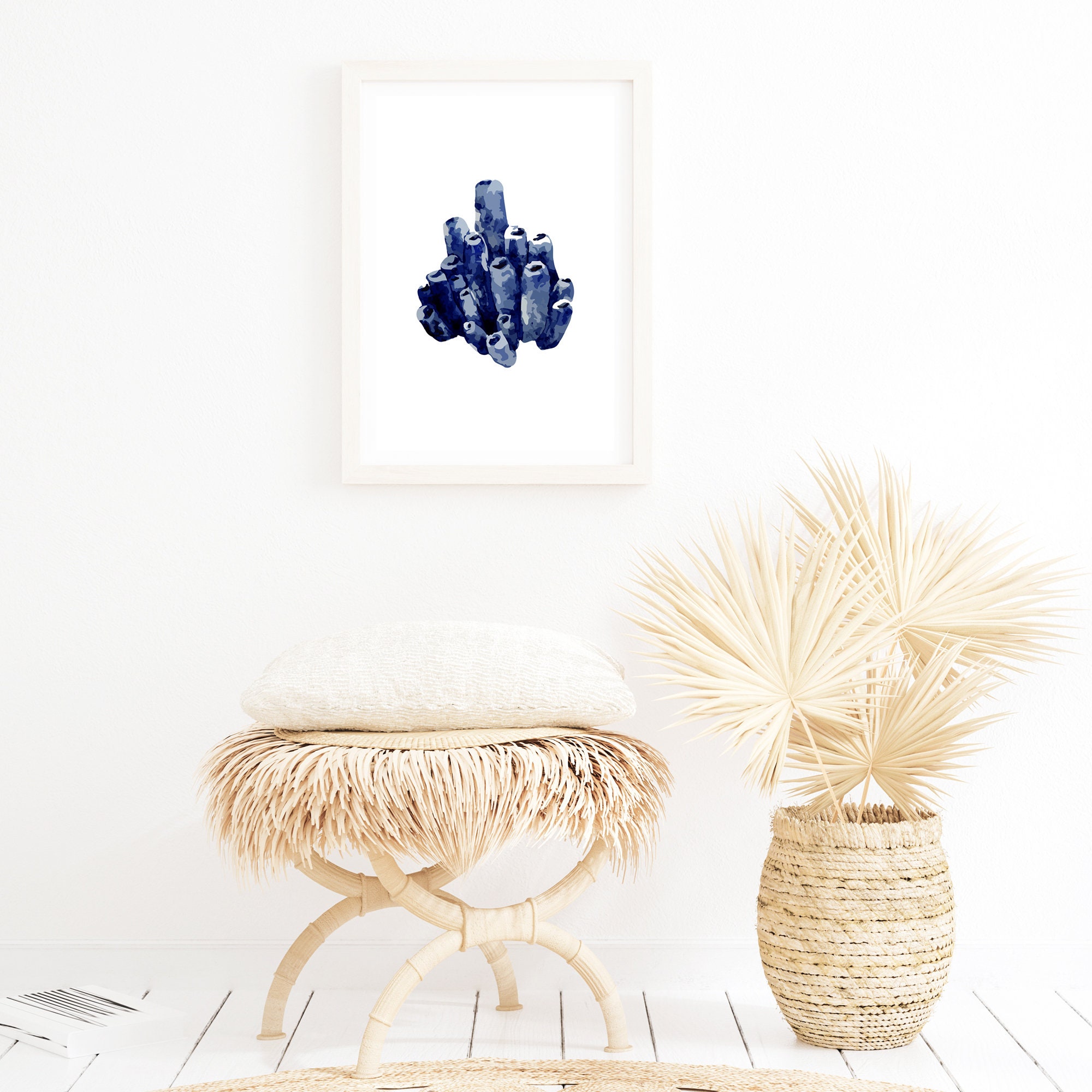 Navy Blue Coral Wall Art Print Hamptons Inspired Coastal Art Etsy