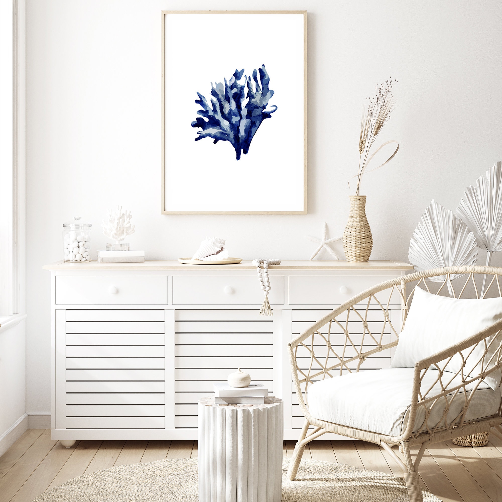 Navy Blue Coral Wall Art Print Hamptons Inspired Coastal Art Etsy
