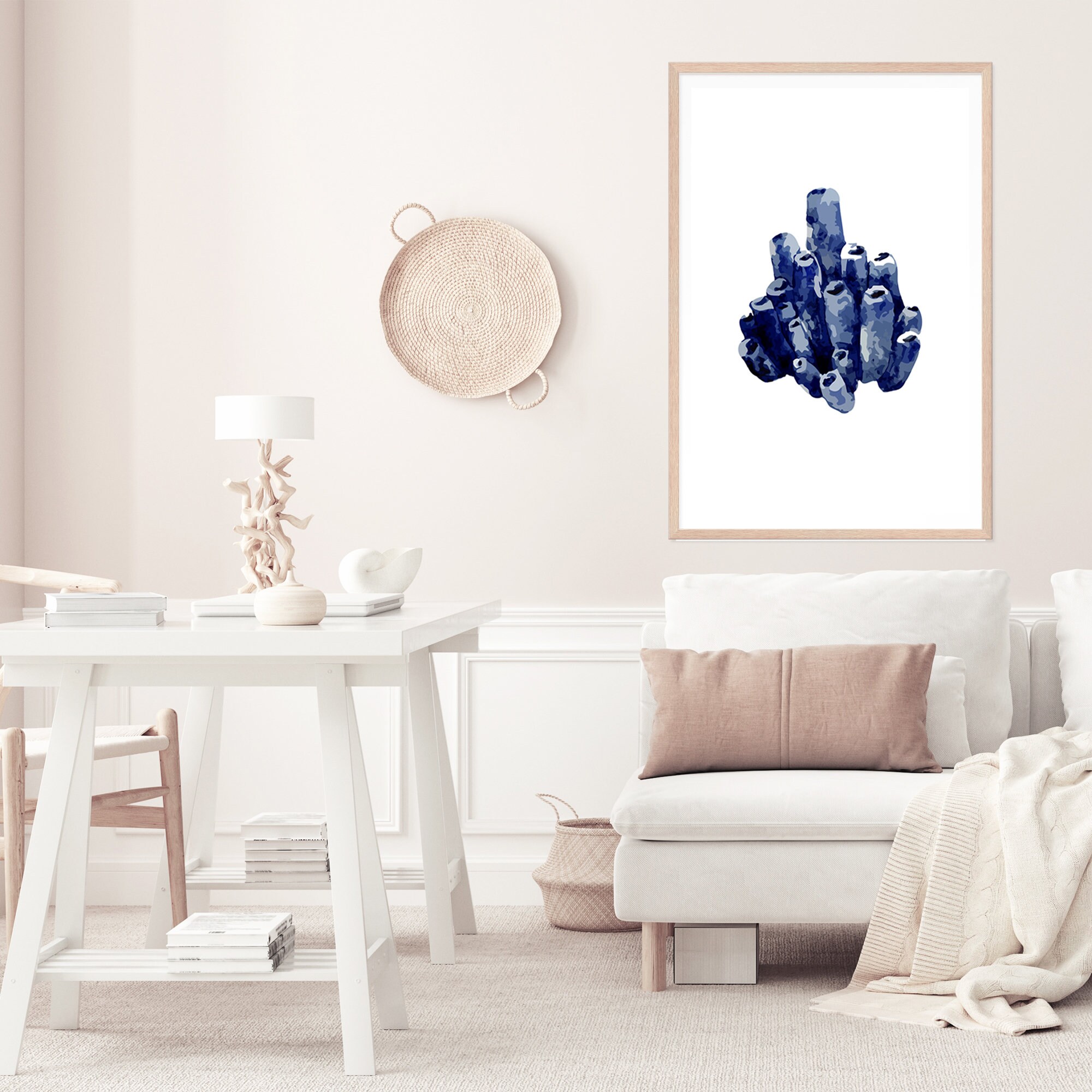 Navy Blue Coral Wall Art Print Hamptons Inspired Coastal Art Etsy