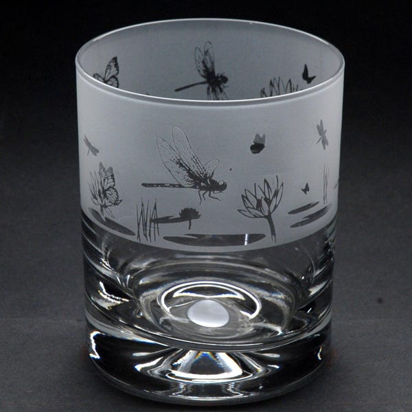 Butterfly and Dragonfly Whiskey Tumbler Glass | Etched Engraved Glassware | Butterfly and Dragonfly Home & Bar Decor