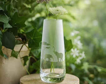 Elephant Glass Bud Vase | Etched Engraved Glassware | Elephant Home & Bar Decor