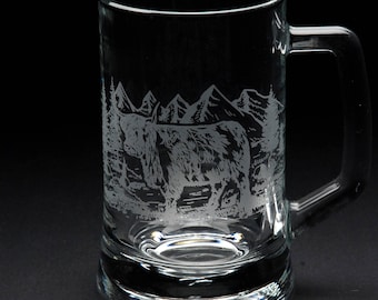 Highland Cow Tankard Glass | Etched Engraved Glassware | Highland Cow Home & Bar Decor