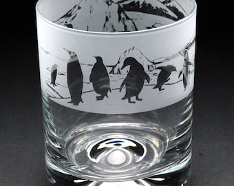 Penguin Whisky Tumbler Glass | Etched Engraved Glassware | Penguin Home & Bar Decor