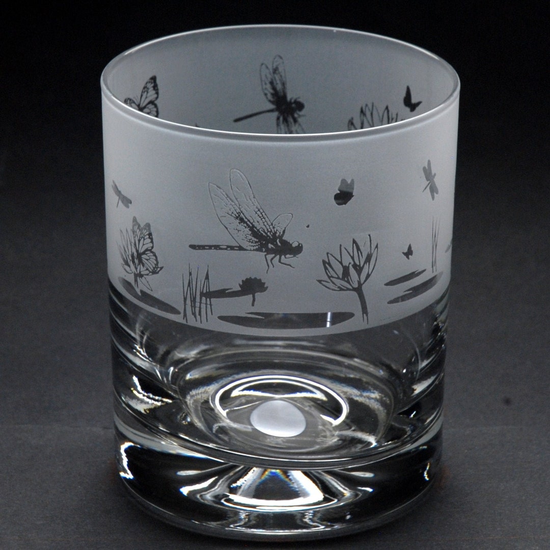 Butterfly and Dragonfly Whiskey Tumbler Glass 260 Ml Hand Etched