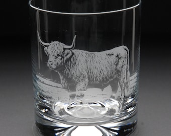 Highland Cow Whisky Tumbler Glass | Etched Engraved Glassware | Highland Cow Home & Bar Decor