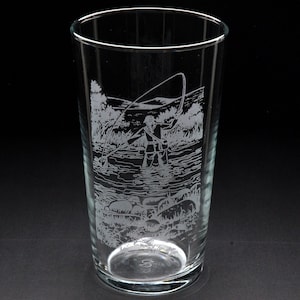 Fly Fishing Pint Glass | Etched Engraved Glassware | Fly Fishing Home & Bar Decor