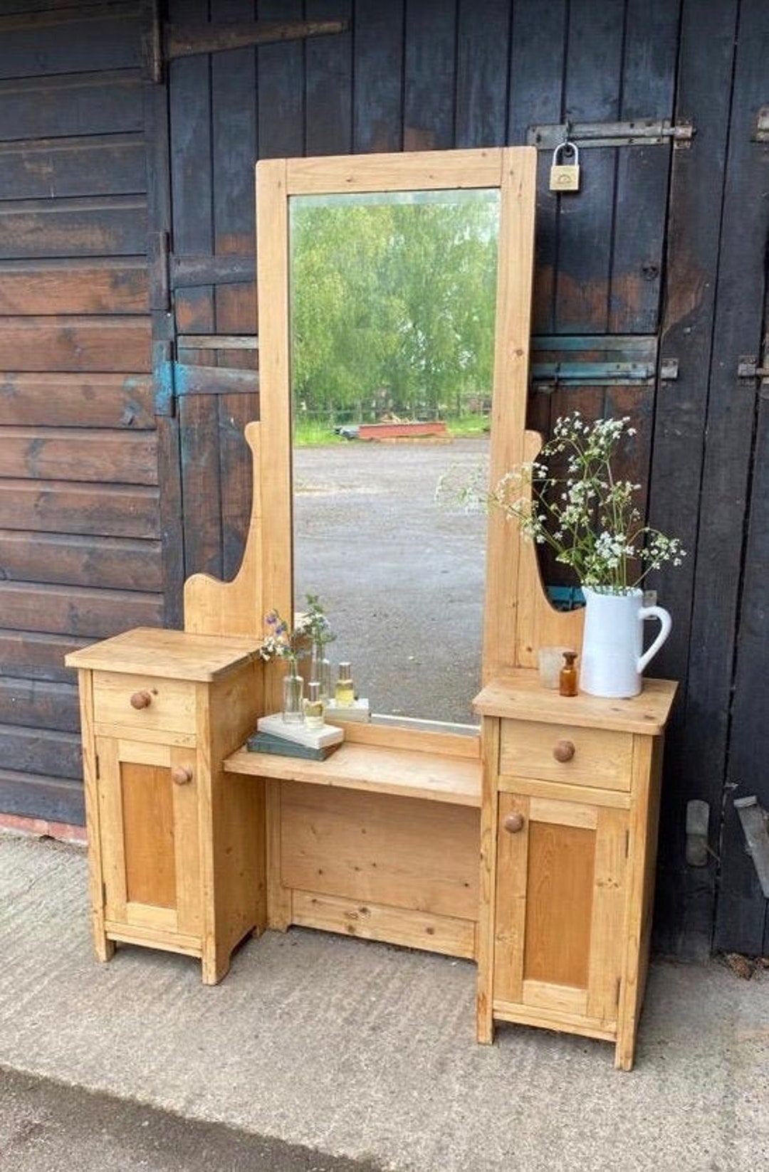 Antique pine dressing table mirror with drawer discount