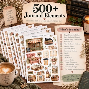 500+ Cozy Bookstore Printable Stickers & Journal Elements, Journal Kit, A4 Digital Download, 16 Pages
