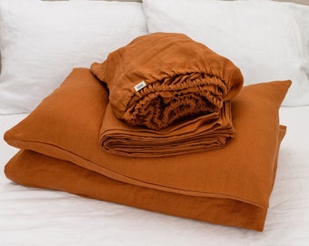 Linen sheet set in Cinnamon color. Fitted sheet, flat sheet, 2 pillowcases. Custom size bedding.