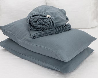 Linen sheet set in Dark Grey color. Fitted sheet, flat sheet, 2 pillowcases. Custom size bedding.