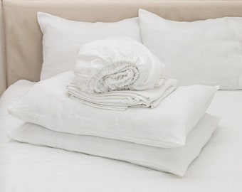 Linen sheet set in White color. Fitted sheet, flat sheet, 2 pillowcases. Custom size bedding.