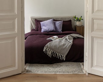 Dark purple modern linen bed set: duvet cover and 2 pillowcases, natural organic flax bed linens in queen, king, single, double, twin sizes