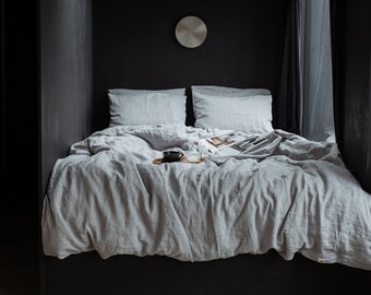 Parure de lit en lin gris clair : housse de couette et 2 taies d'oreiller, linge de lit en lin biologique naturel dans les tailles grand, très grand, simple, double, lits jumeaux