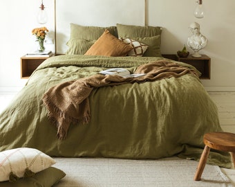 Ensemble de literie en lin vert olive : housse de couette et 2 taies d'oreiller, linge de lit européen biologique naturel en tailles queen, king, simple, double, twin