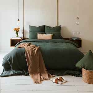Forest green linen bed set: 1 duvet cover and 2 pillowcases, natural 100% flax linen bedding in queen, king, single, double, twin sizes