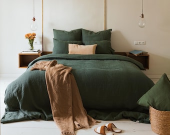 Forest green linen bed set: 1 duvet cover and 2 pillowcases, natural 100% flax linen bedding in queen, king, single, double, twin sizes