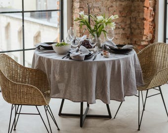 Light grey linen tablecloth in round, rectangular or square shape, 100% organic natural linen table cloth, custom size dining table linens