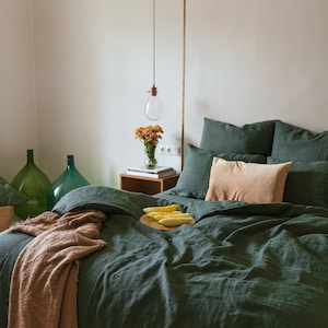 Linen forest green bedding set: 1 duvet cover + 2 pillowcases, organic 100% European flax bed set in king, queen, double, single, twin sizes