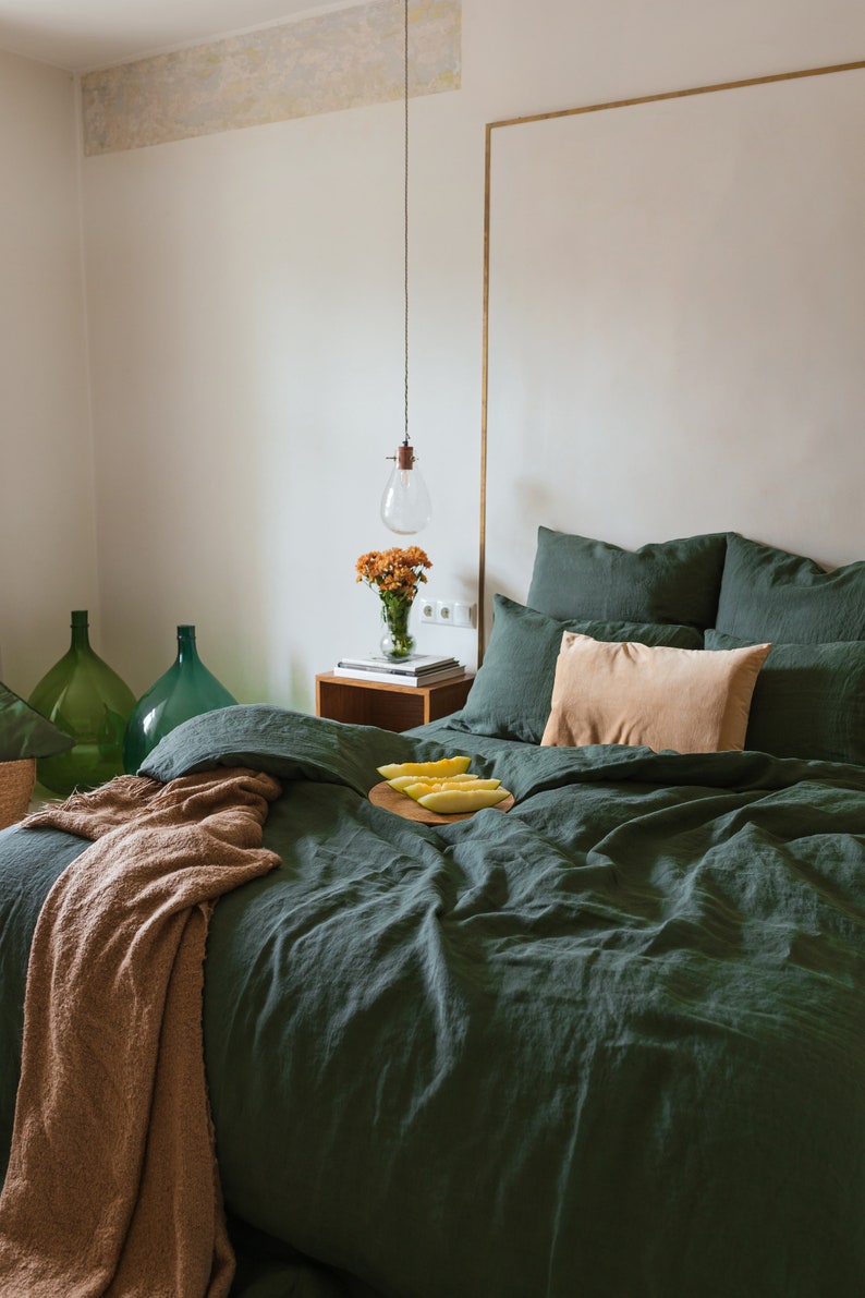 Forest Green Linen Bed Set 1 Duvet Cover and 2 Pillowcases Etsy