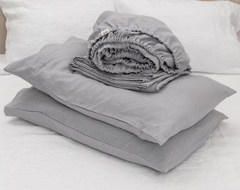 Linen sheet set in Light Grey color. Fitted sheet, flat sheet, 2 pillowcases. Custom size bedding.