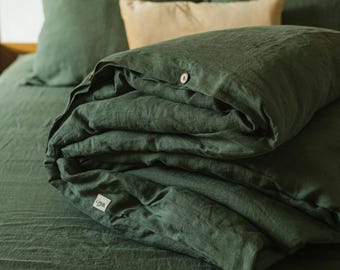 Forest green linen comforter cover with buttons in king, queen and other custom sizes, pure organic bed quilt cover, natural duvet cover