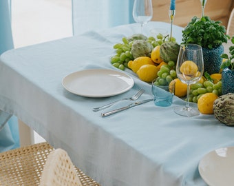 Sky Blue linen tablecloth in round, rectangular or square shape, 100% organic natural linen table cloth, custom size dining table linens