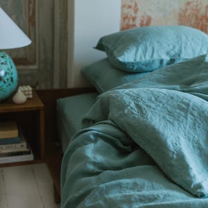 Funda de almohada de lino color menta océano, fundas de almohada tamaño queen y king, funda de almohada con cierre de sobre, funda de almohada hecha a mano, funda de almohada estilo europeo