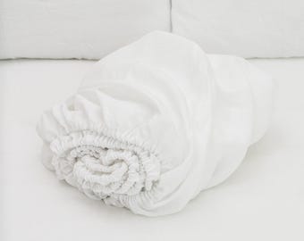 White fitted linen bed sheet in king, queen, single, twin and other custom sizes, stone washed soft natural linen bed cover