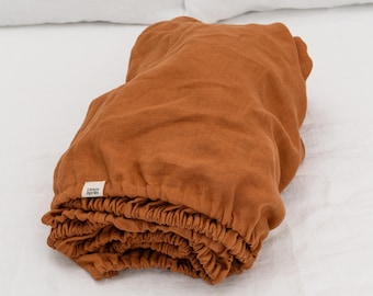 Sábana ajustable de lino color canela en tamaños king, queen, single, twin y otros tamaños personalizados, funda de cama de lino natural suave lavada a piedra