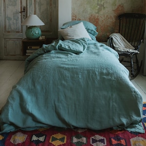 Ocean mint linen bedding set: 1 duvet cover and 2 pillowcases, handmade soft flax bed linens in queen, king, double, twin sizes