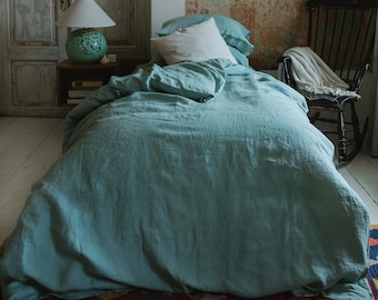 Ocean mint linen bedding set: 1 duvet cover and 2 pillowcases, handmade soft flax bed linens in queen, king, double, twin sizes
