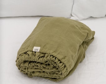 Sábana ajustable de lino verde oliva en tamaños king, queen, single, twin y otros tamaños personalizados, funda de cama de lino natural suave lavada a piedra