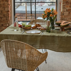 Olive Green washed linen tablecloth in round, rectangular or square shape, 100% organic natural linen table cloth, custom size table cover