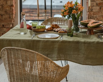 Olive Green washed linen tablecloth in round, rectangular or square shape, 100% organic natural linen table cloth, custom size table cover