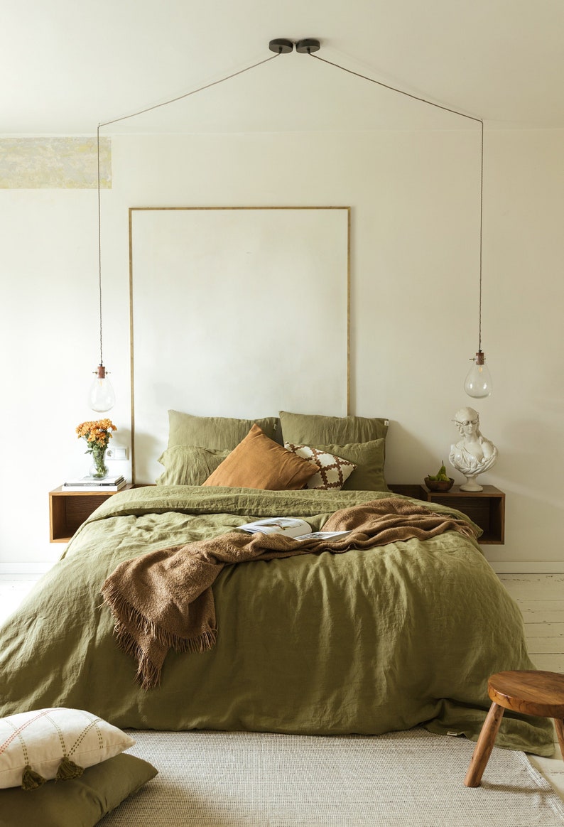 Olive green linen bedding set: 1 duvet cover + 2 pillowcases