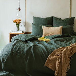 Linen forest green bedding set: 1 duvet cover + 2 pillowcases, organic 100% European flax bed set in king, queen, double, single, twin sizes