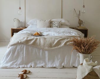 White bed linens: set of 1 duvet cover and 2 pillowcases, natural organic flax linen bedding in queen, king, single, double, twin sizes