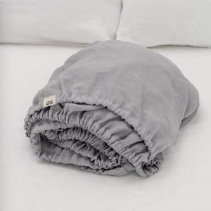 Light grey fitted linen bed sheet in king, queen, single, twin and other custom sizes, stone washed soft natural linen bed cover