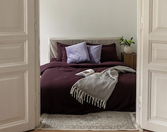 Dark purple modern linen bed set: duvet cover and 2 pillowcases, natural organic flax bed linens in queen, king, single, double, twin sizes