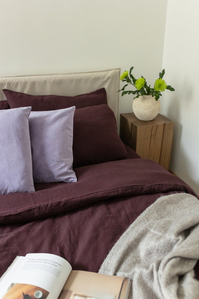Dark purple modern linen bed set: duvet cover and 2 pillowcases, natural organic flax bed linens in queen, king, single, double, twin sizes image 5