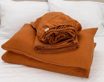 Linen sheet set in Cinnamon color. Fitted sheet, flat sheet, 2 pillowcases. Custom size bedding.