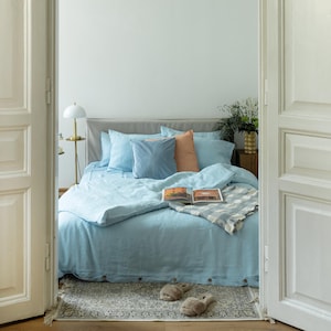 100% natural organic linen bed set: duvet cover and 2 pillowcases, linen bedding set in various colors & queen, king, double, twin sizes Sky Blue