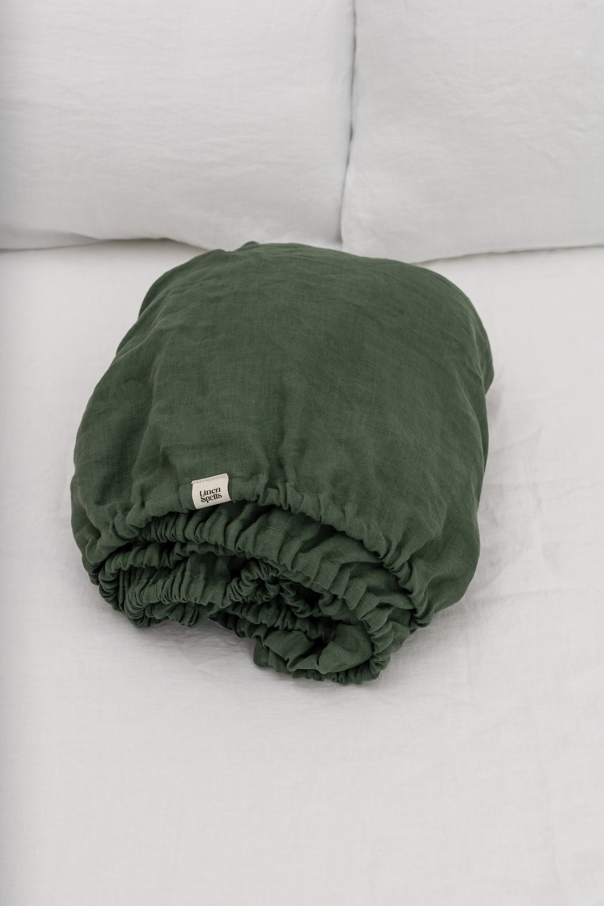 Forest Green fitted linen bed sheet in king, queen, single, twin and other custom sizes, stone washed soft natural linen bed cover