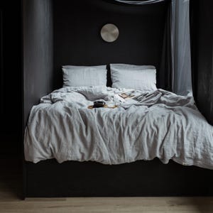 Light grey linen bedding set: comforter cover and 2 pillowcases, natural organic flax bed linens in queen, king, single, double, twin sizes