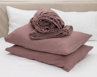 Ensemble de draps en lin couleur Woodrose. Drap housse, drap plat, 2 taies d'oreiller. Literie sur mesure.