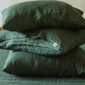 Forest green linen pillow cover, envelope closure pillowcase in standard, square, body, queen, king and other sizes, handmade bed linen