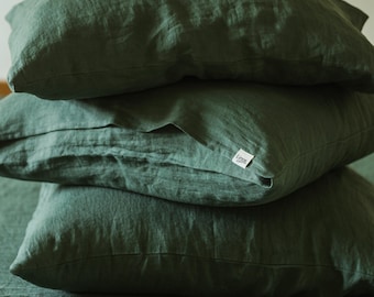 Forest green linen pillow cover, envelope closure pillowcase in standard, square, body, queen, king and other sizes, handmade bed linen