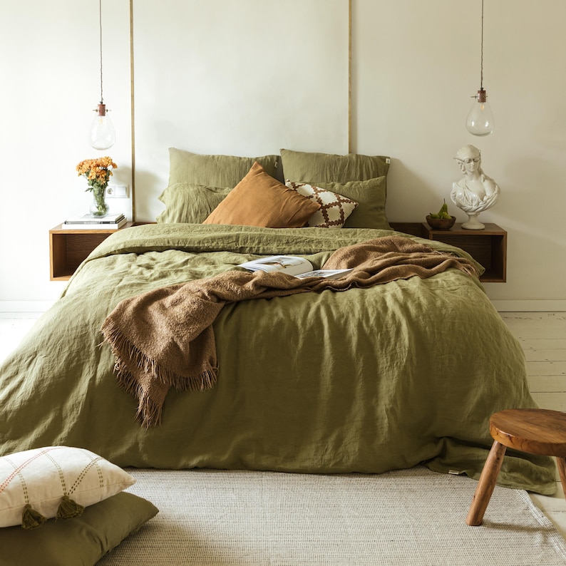 100% natural organic linen bed set: duvet cover and 2 pillowcases, linen bedding set in various colors & queen, king, double, twin sizes Olive Green