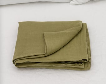 Sábana de lino verde oliva plana en tamaños king, queen, single, twin y otros personalizados, colcha de lino natural orgánico estético