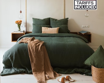 Forest Green Organic Linen Sheets Set: Natural Lithuanian Linen Bedding, Cottagecore Natural Bedding Set